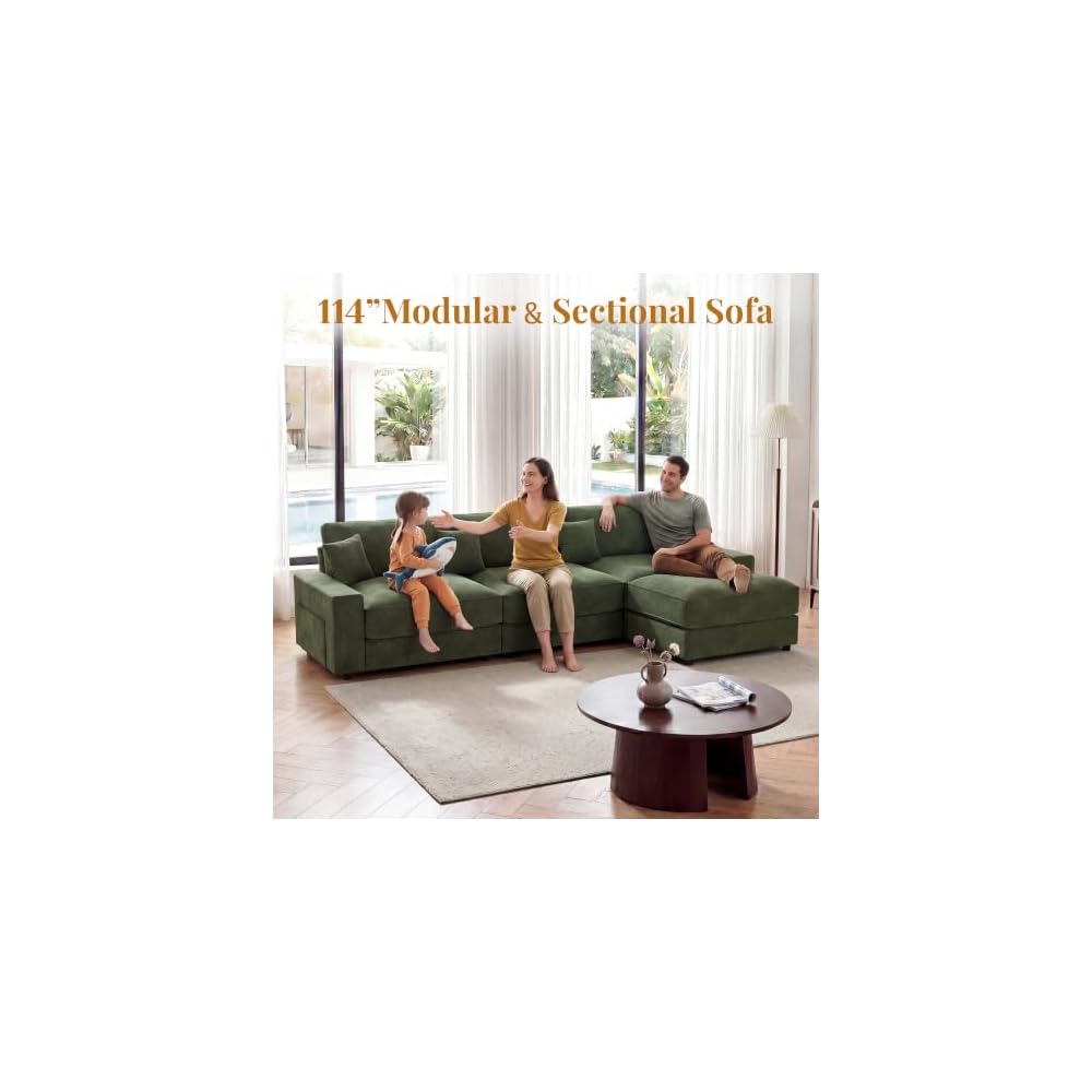 114" Modular Sectional L Shaped Sofa Couches,for Living Room,Oversized Cloud Couch with Movable Ottoman,Comfy Chenille Sofa with Pillow,Side Pockets,Bedroom,Apartment,Green