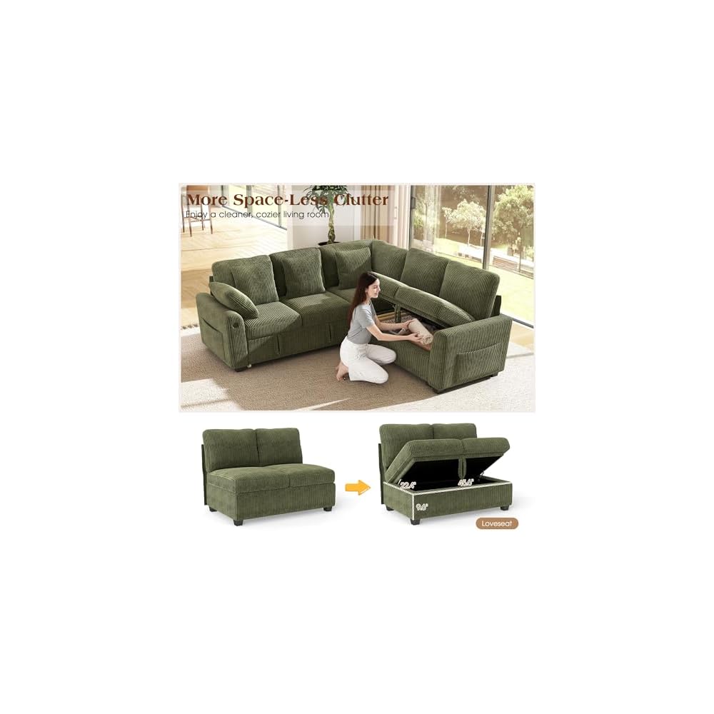 83-inch 5-Seater Large Sectional Sofa Bed with Storage, Corduroy Reversible Modular Sleeper Sofa with USB Port & 4 Pillows, Convertible L-Shaped Couch for Living Room（Green）