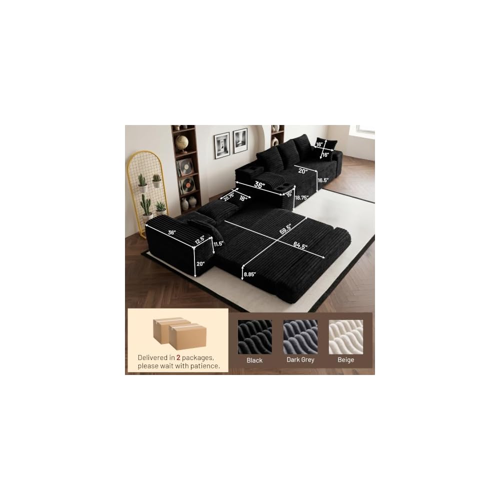 159" Boneless Couch, Corduroy Convertible Modular Floor Sofa Bed, Black