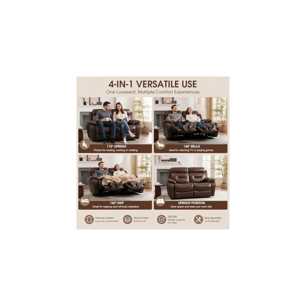 63'' Genuine Leather Manual Reclining Loveseat Sofa Couch for Living Room/Home Theater/Office/RV