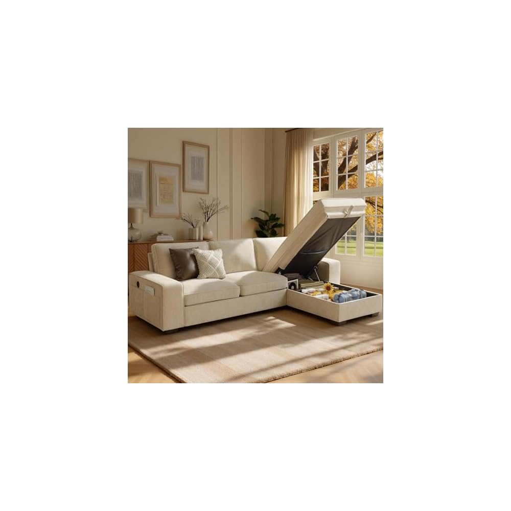 97in L-Shaped Sectional Sofa with Storage Chaise, 3-Seater Couch, Beige