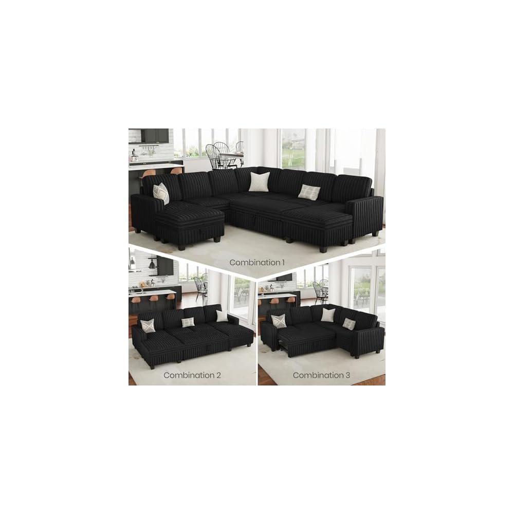 Corduroy Sleeper Sofa Bed with Storage Chaise Modular Sectional Sofa Couch with Pull Out Bed L Shaped Sectional Couches for Living Room Black Couch