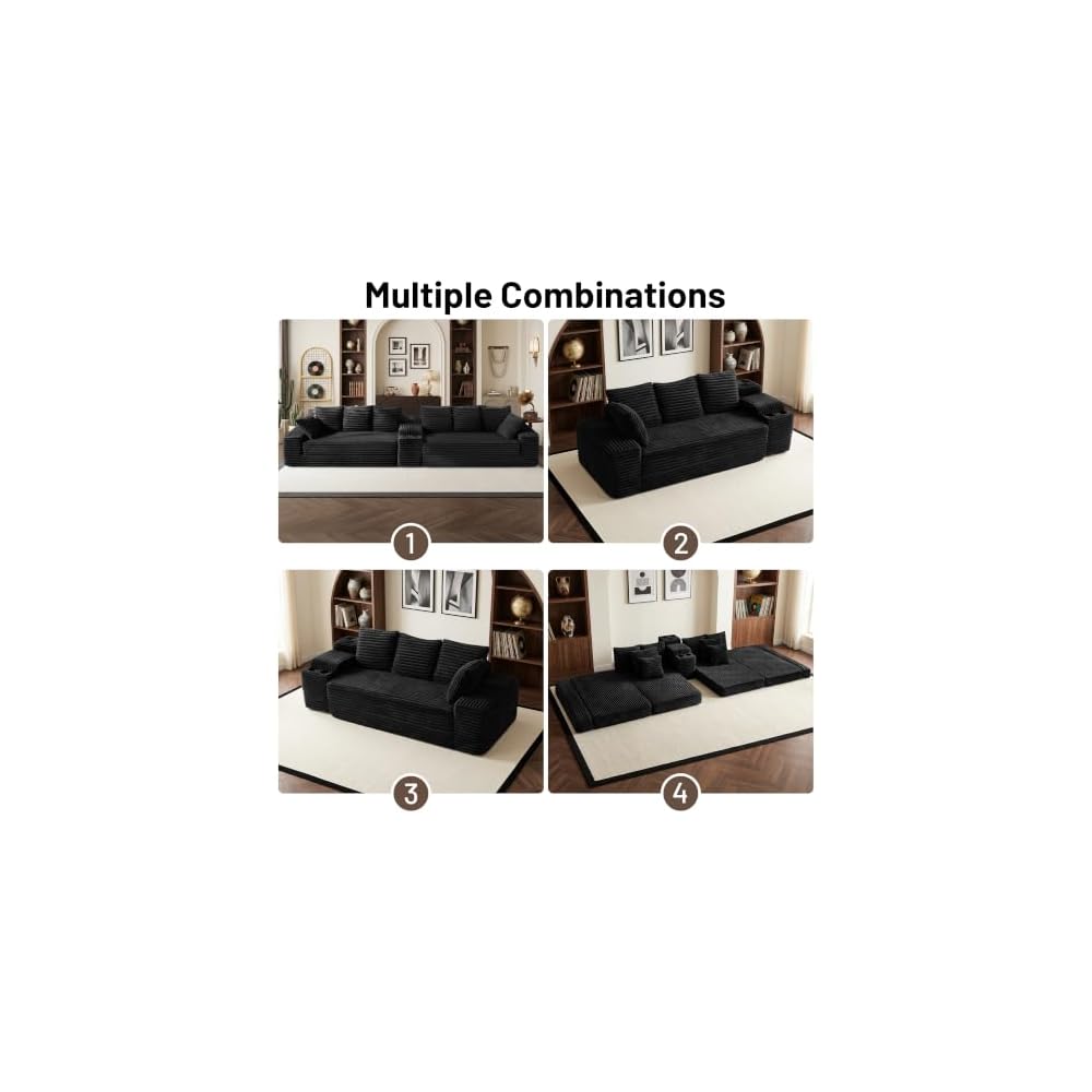159" Boneless Couch, Corduroy Convertible Modular Floor Sofa Bed, Black