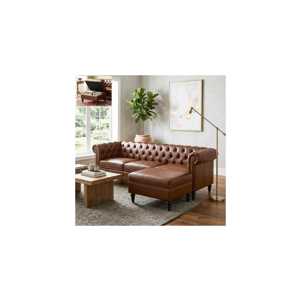 Modern L-Shaped Sectional Sofa with Storage Ottoman, Modular Tufted PU Leather Couch with Riveted Armrests and Solid Wood Legs for Living Room (Brown)