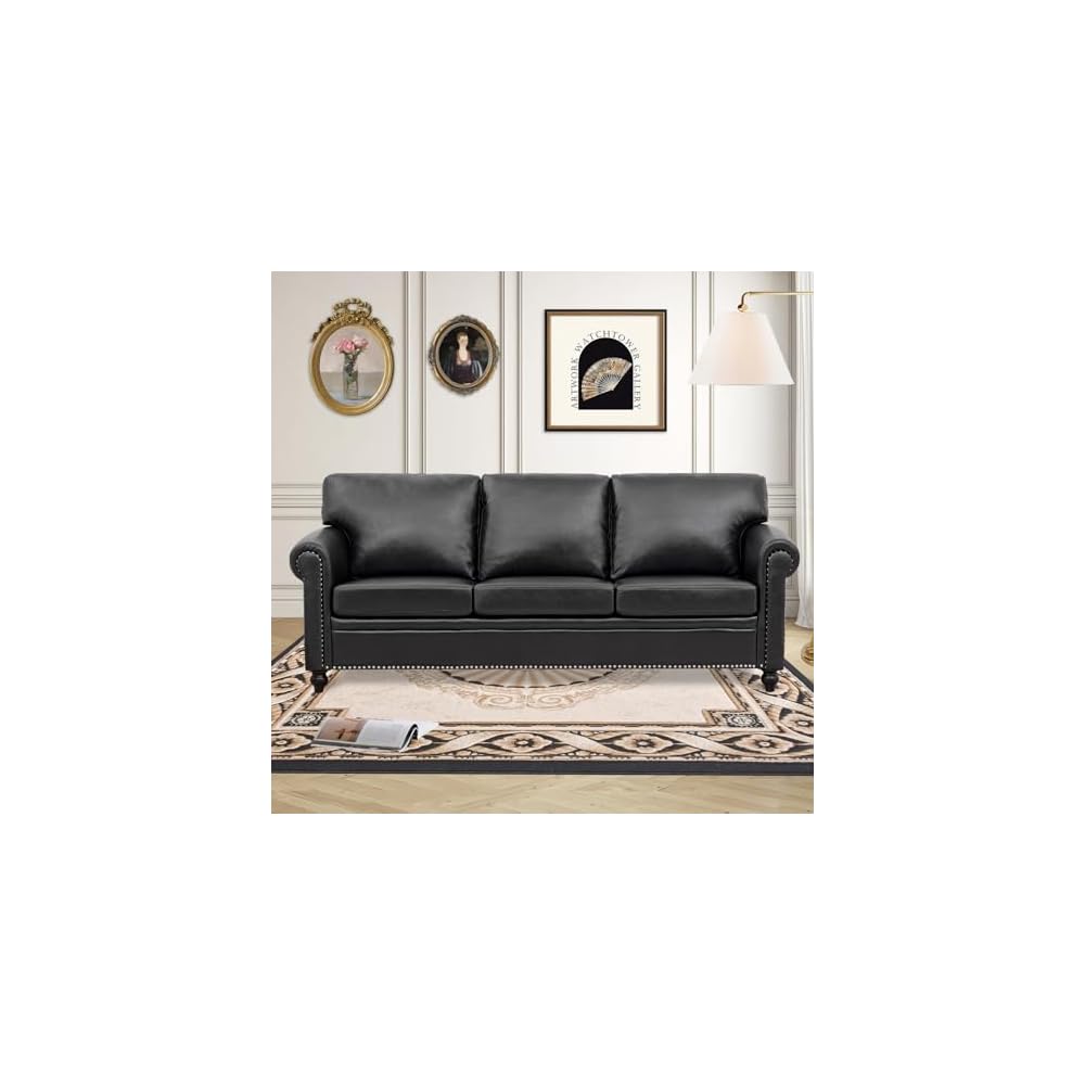 Black Faux Leather Couch，3 Seater Traditional Living Room Sofa，Comfy Sofa with Detachable Cushions 84" for Living Rooms, Bedrooms, Offices and Apartments Tool-Free Assembly