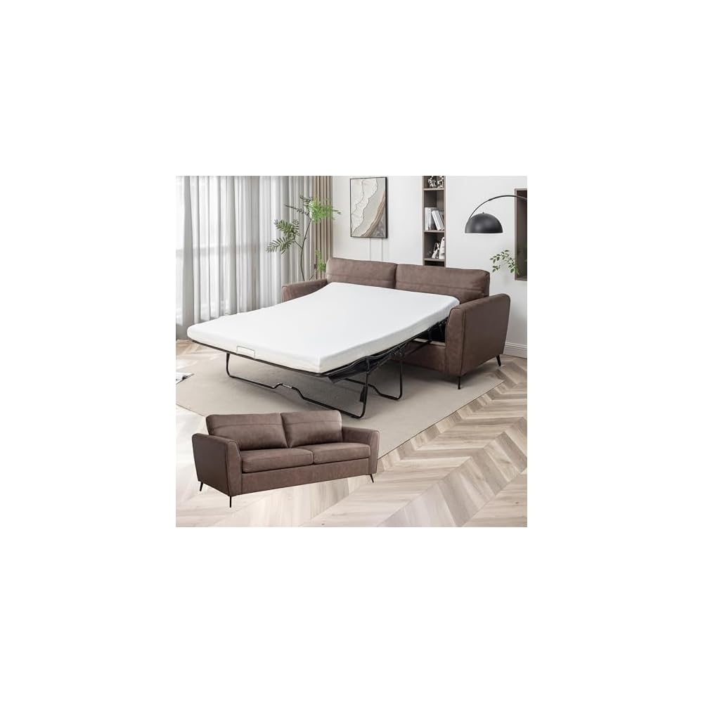 Luna Faux Leather Pull Out Couch Bed with Queen Size Memory Foam Mattress, Convertible Sofa for Living Room, Modern Foldable Sleeper Furniture for Apartments, Guest Rooms or Offices, Brown