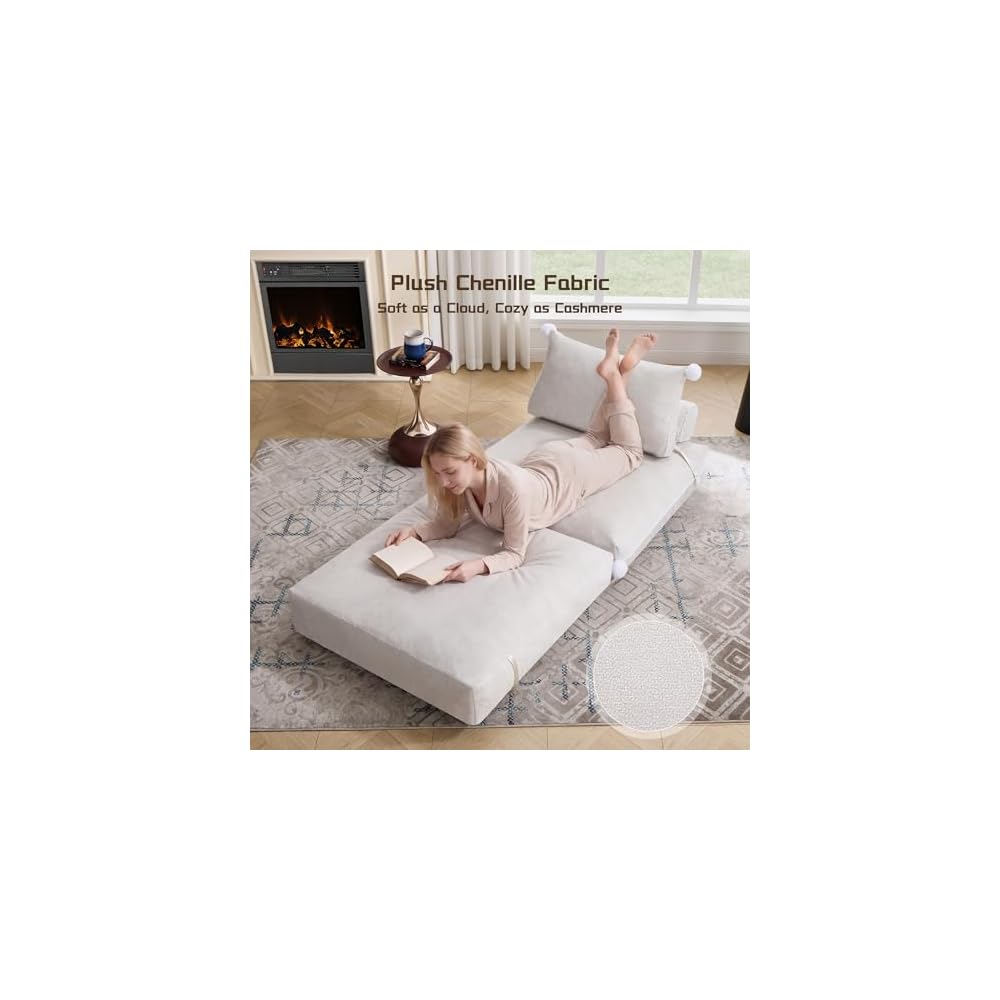 Folding Sofa Bed, Convertible Sleeper Chair with Back Support, Comfy Chenille Fold Out Couch Bed for Adults, No Wall Needed Floor Sofa Bed for Living Room Bedroom Apartment, Beige