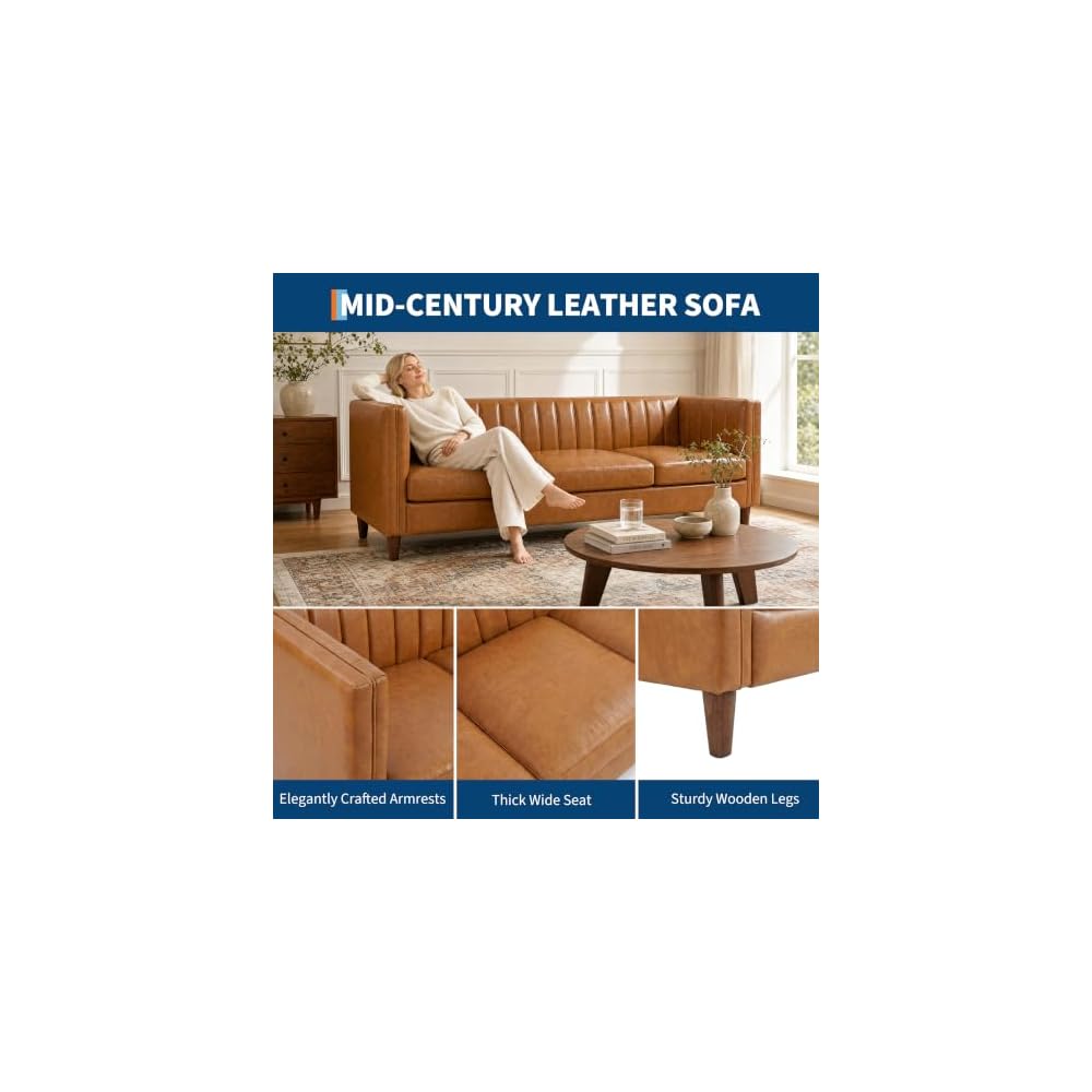 81'' Cognac Tan Faux Leather Couch for Living Room