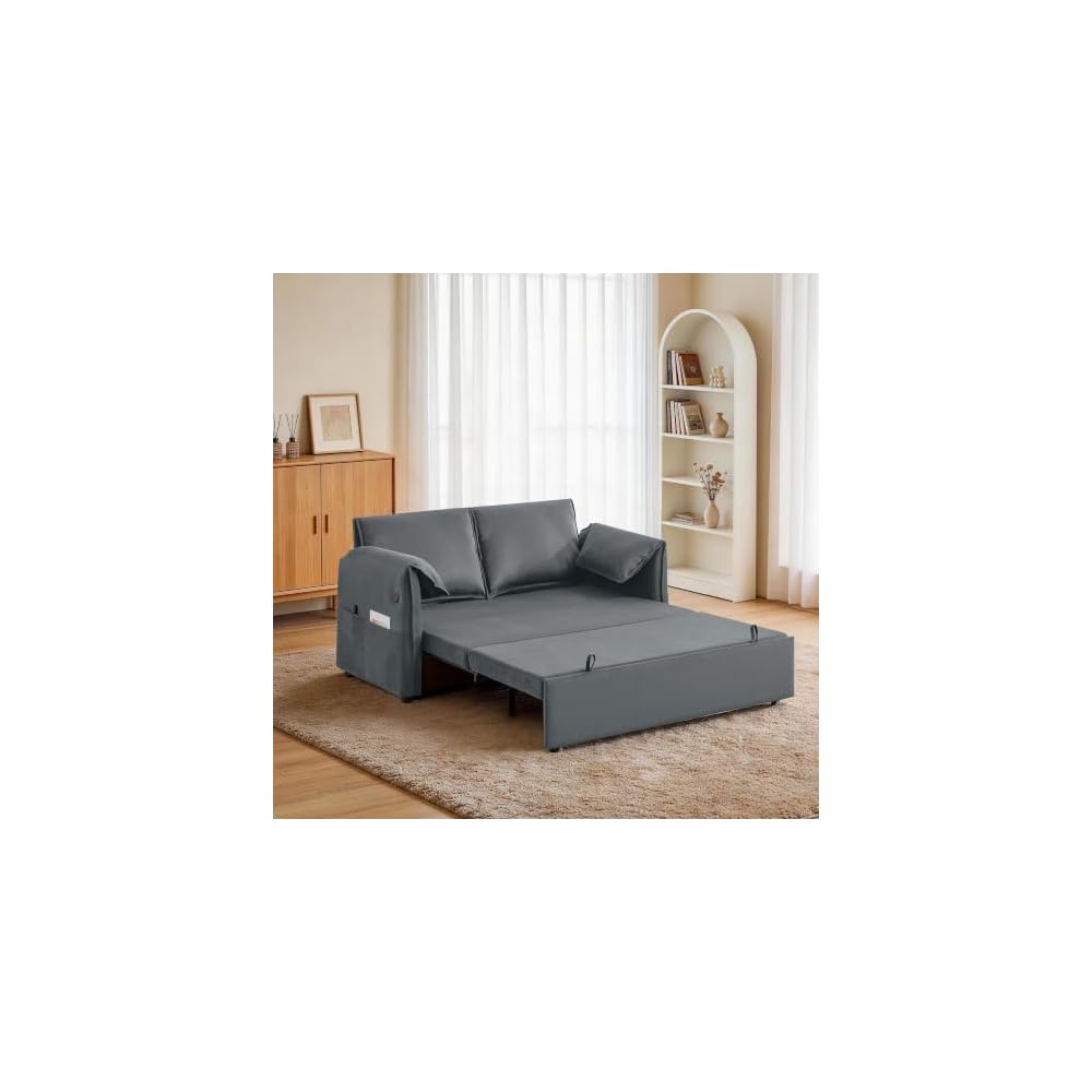 63" 3-in-1 Grey Velvet Convertible Sleeper Sofa Bed, Adjustable Backrest Pull Out Loveseat with USB & Side Pocket for Small Spaces