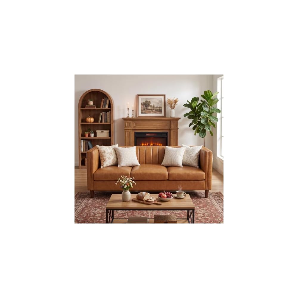 81'' Cognac Tan Faux Leather Couch for Living Room