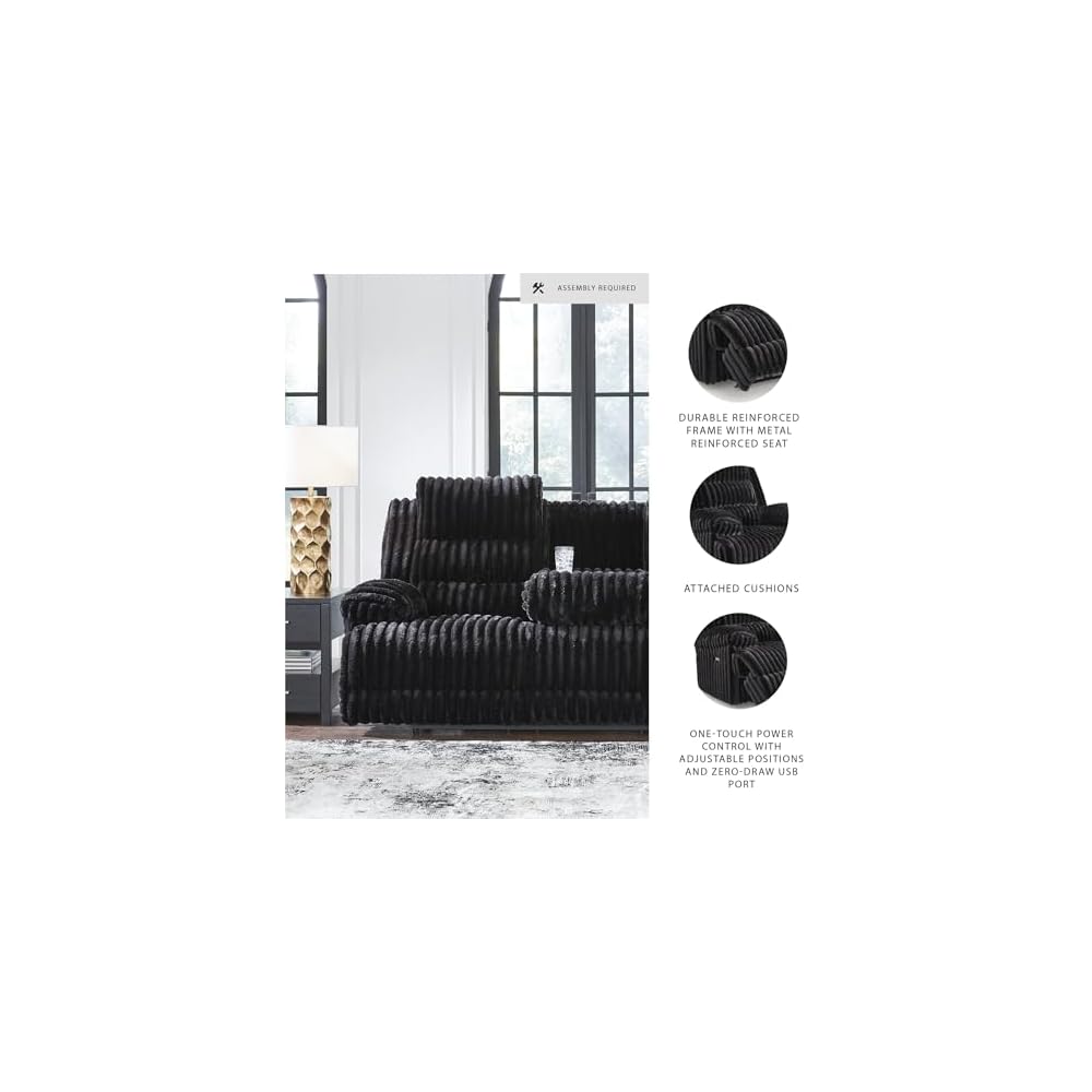 Signature Design by Ashley Power Reclining Sofa, Drop Down Table, Higgesbee