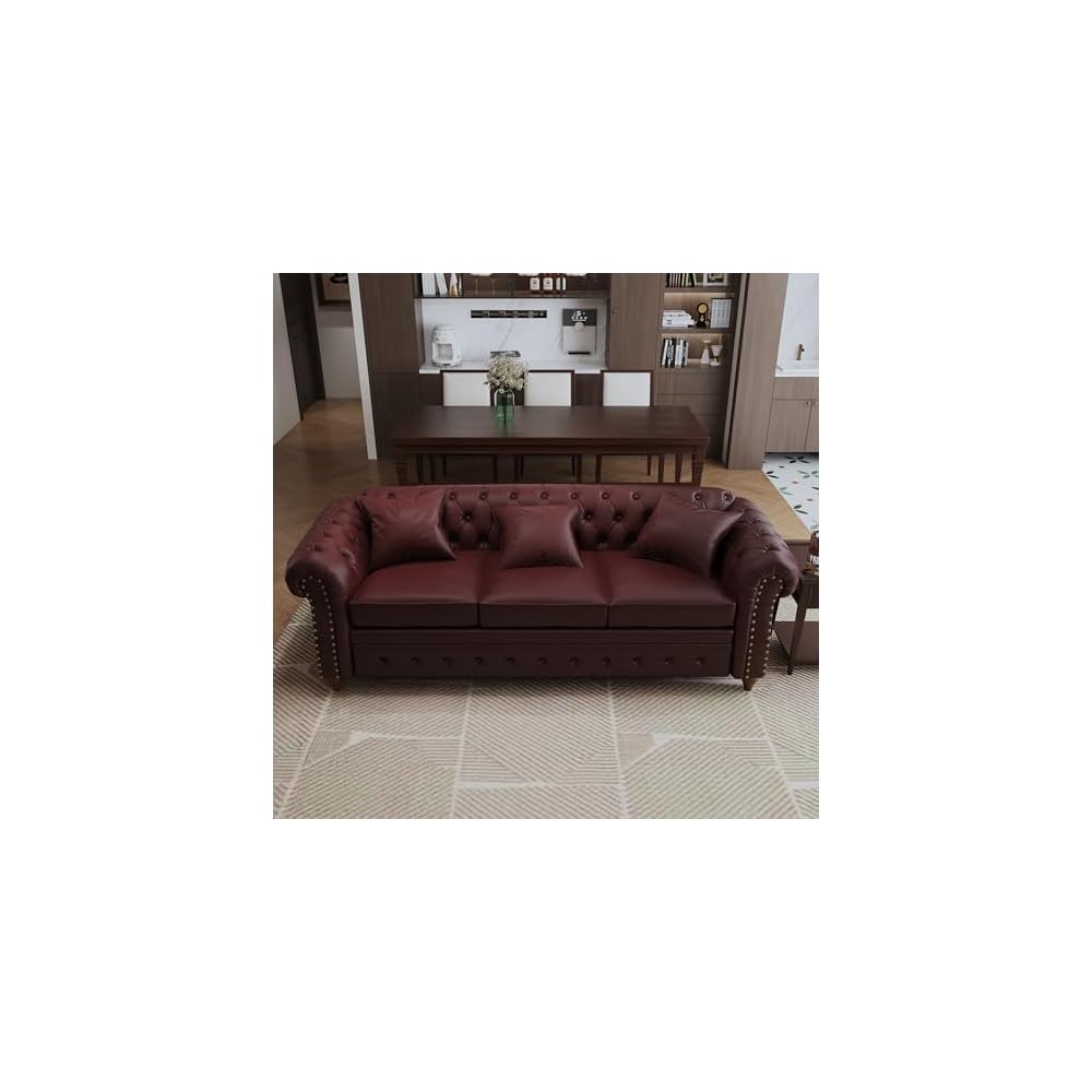 85.8" Tufted Leather Chesterfield Sofa with Storage, Burgundy