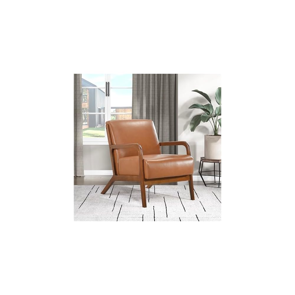 High Back Accent Chair Mid Century Modern Chairs Living Room Chairs Reading Chair for Bedroom with Solid Wood Armrests and Legs, Lounge Chair for Bedroom, Living Room, Sunroom, Office, Camel