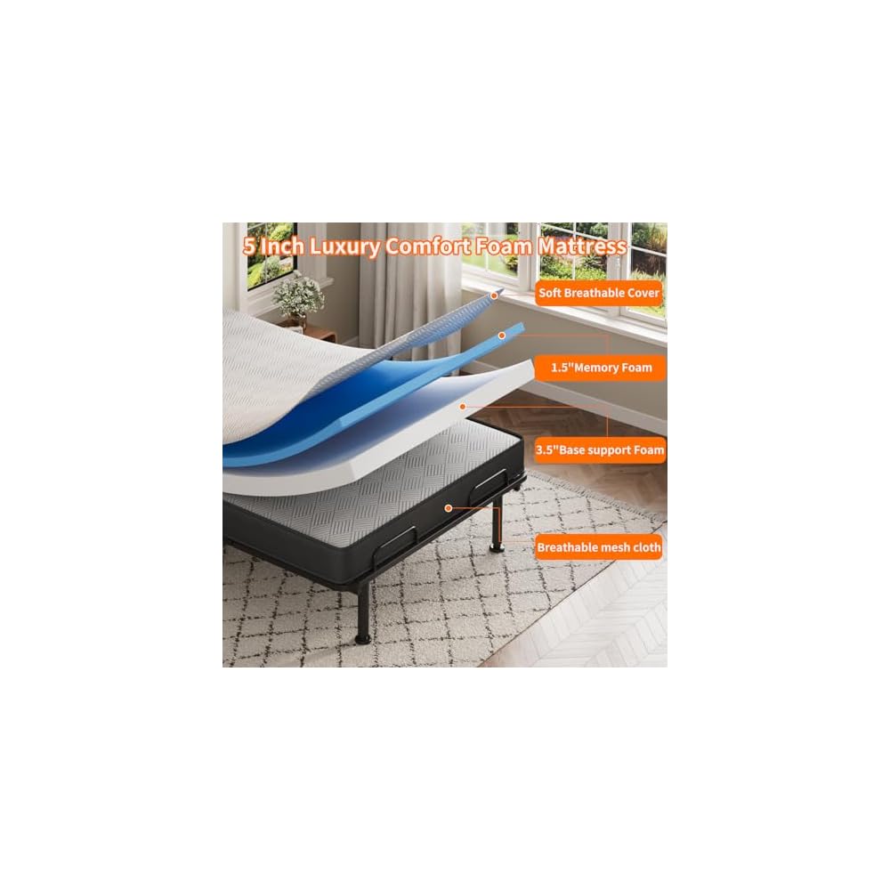 79"x54" Full Size Adjustable Bed with 5" Memory Mattress, Electric Adjustable Bed Frame with Remote, Ergonomic Bed Base with Head & Foot Incline,Zero Gravity, 6 Height-Adjustable Legs