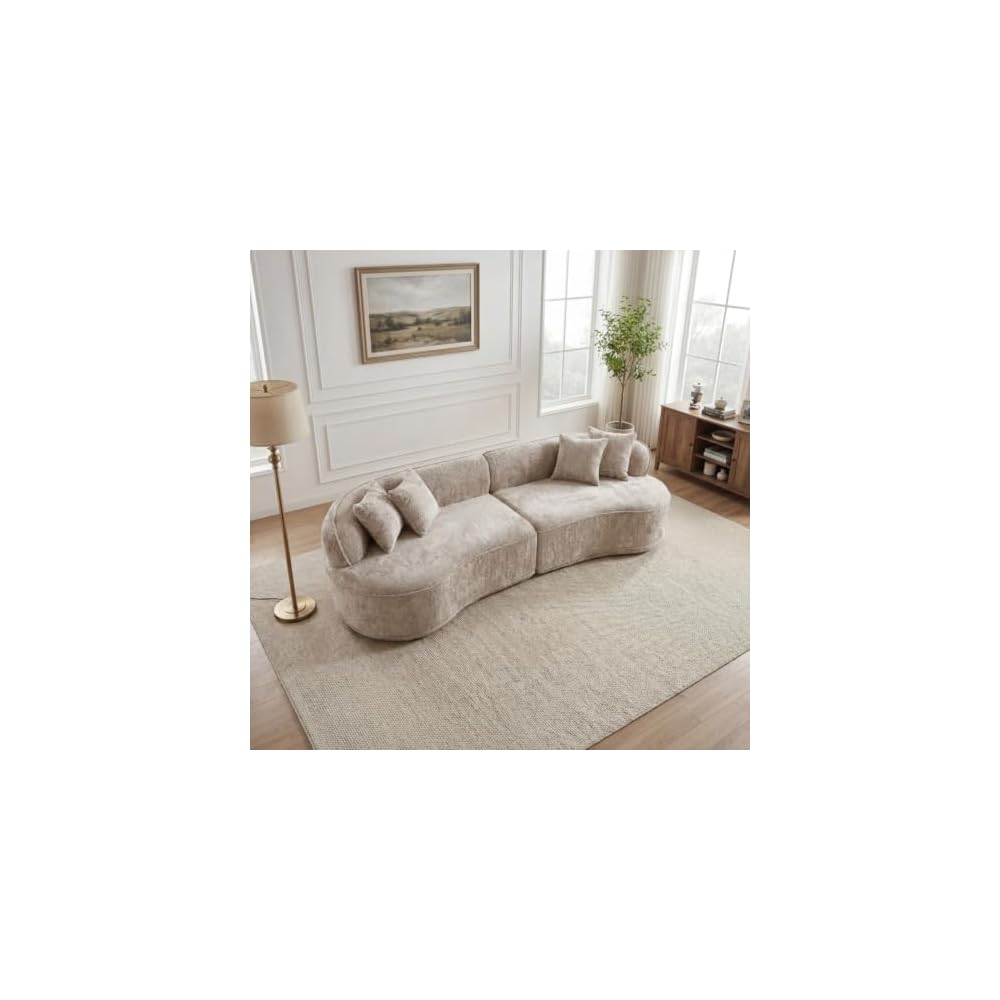 Modern Curved L-Shape Luxury Sofa with Pillows and Minimalist Design for Living Room, Comfy Sectional Sleeper Couch with Boneless Design and Plush Texture for Bedroom (Camel)
