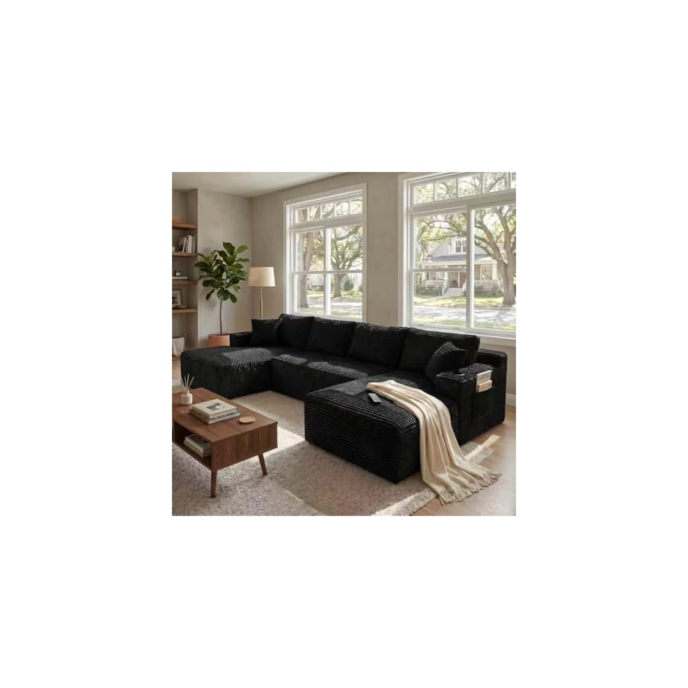 125” Cloud Boneless Couch, U-Shaped Modular Sectional Sofa, Black