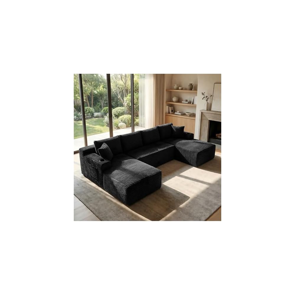 125” Cloud Boneless Couch, U-Shaped Modular Sectional Sofa, Black