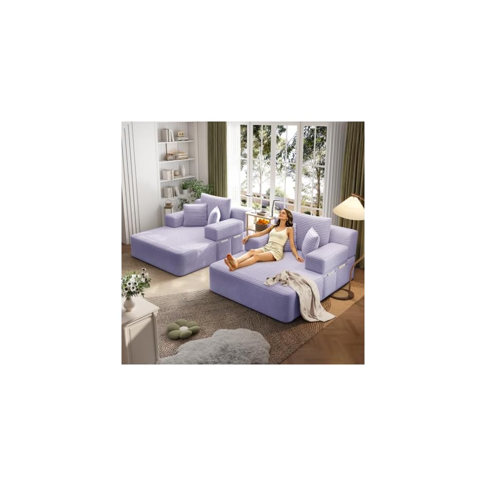 2-Piece Oversized Chaise Lounge Chair Indoor Plush Corduroy Boneless Sleeper Sofa Couch w/ 6 Pillows & Side Pockets, Adjustable Back/Armrest Comfy Reading Chair for Living Room Bedroom, Purple