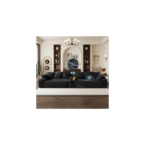 159" Boneless Couch, Corduroy Convertible Modular Floor Sofa Bed, Black
