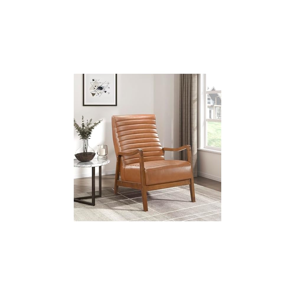 High Back Accent Chair Mid Century Modern Chairs Living Room Chairs Reading Chair for Bedroom with Solid Wood Armrests and Legs, Lounge Chair for Bedroom, Living Room, Sunroom, Office, Camel