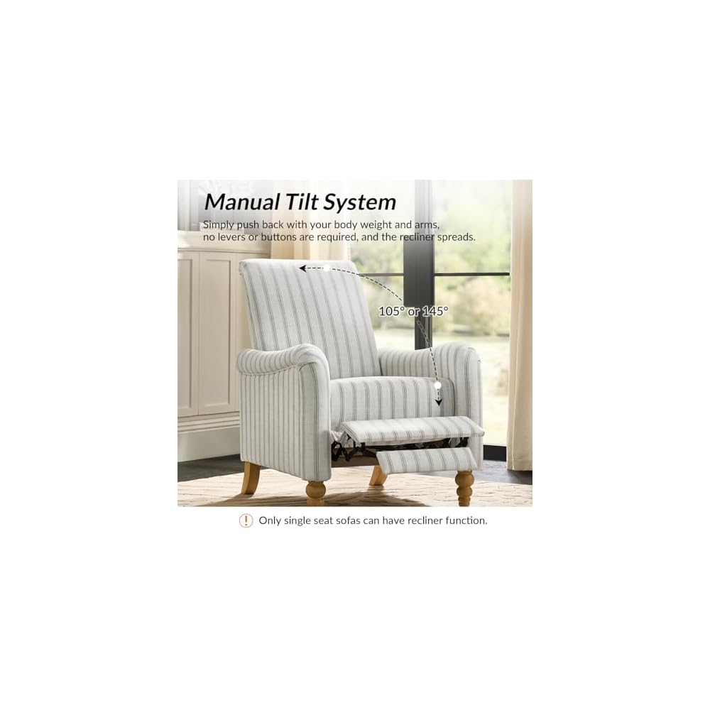 3 Piece Living Room Sofa Set, Loveseat & 3-Seater & Recliner Chair, Comfy Upholstered Farmhouse with Rolled Arms and Solid Wood Legs, Stripe Sectional Sofa Set for Living Room