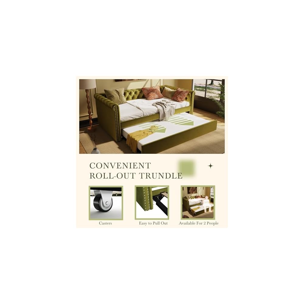 Twin Size Upholstered Daybed with Trundle, Modern Velvet Sofa Bed with Tufted Button Design and Curved Armrests for Living Room, Bedroom and Guest Room, No Box Spring Needed, Green