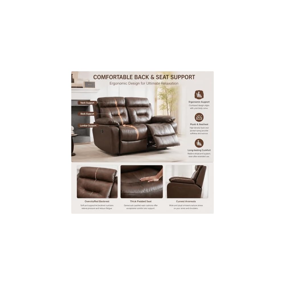 63'' Genuine Leather Manual Reclining Loveseat Sofa Couch for Living Room/Home Theater/Office/RV
