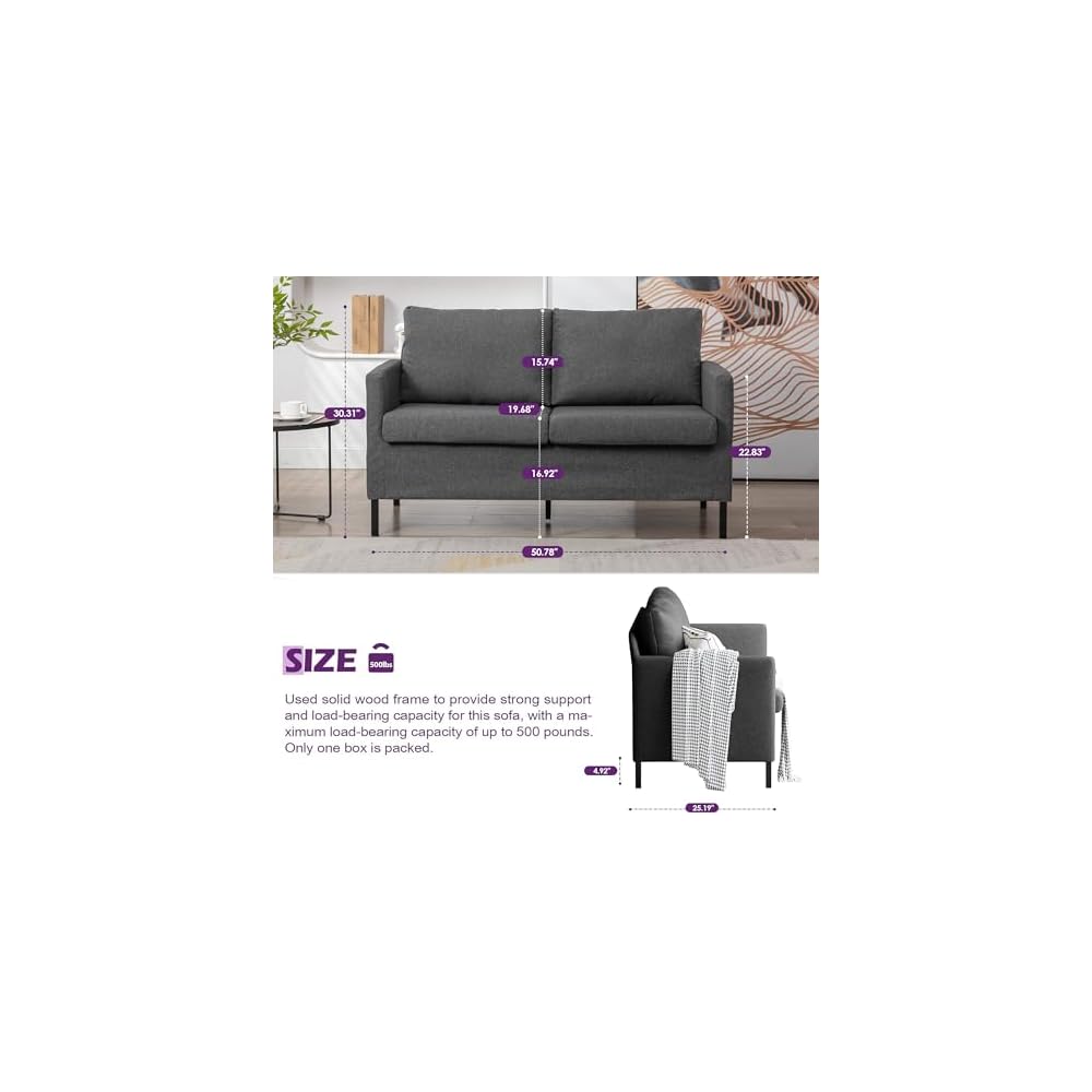 Dark Grey Linen Small Couch Loveseat, 2-Seat Sofa for Living Room