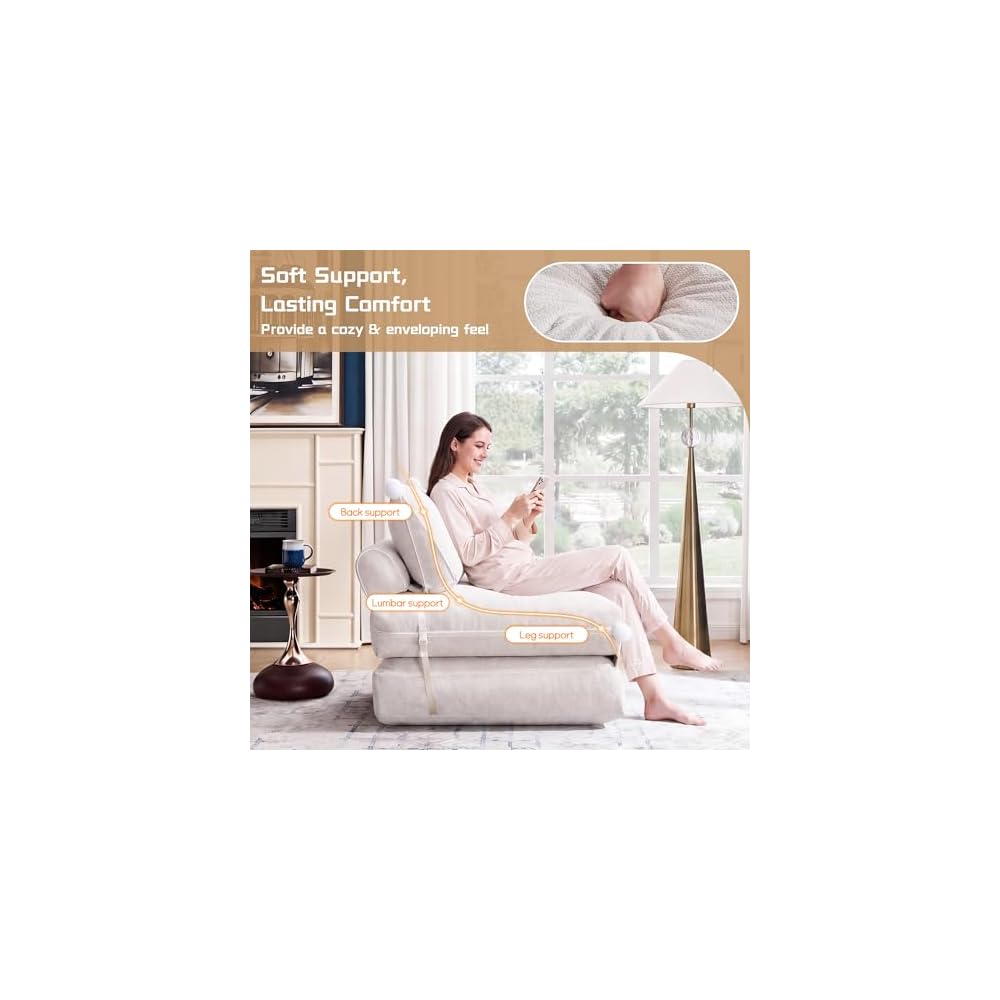 Folding Sofa Bed, Convertible Sleeper Chair with Back Support, Comfy Chenille Fold Out Couch Bed for Adults, No Wall Needed Floor Sofa Bed for Living Room Bedroom Apartment, Beige