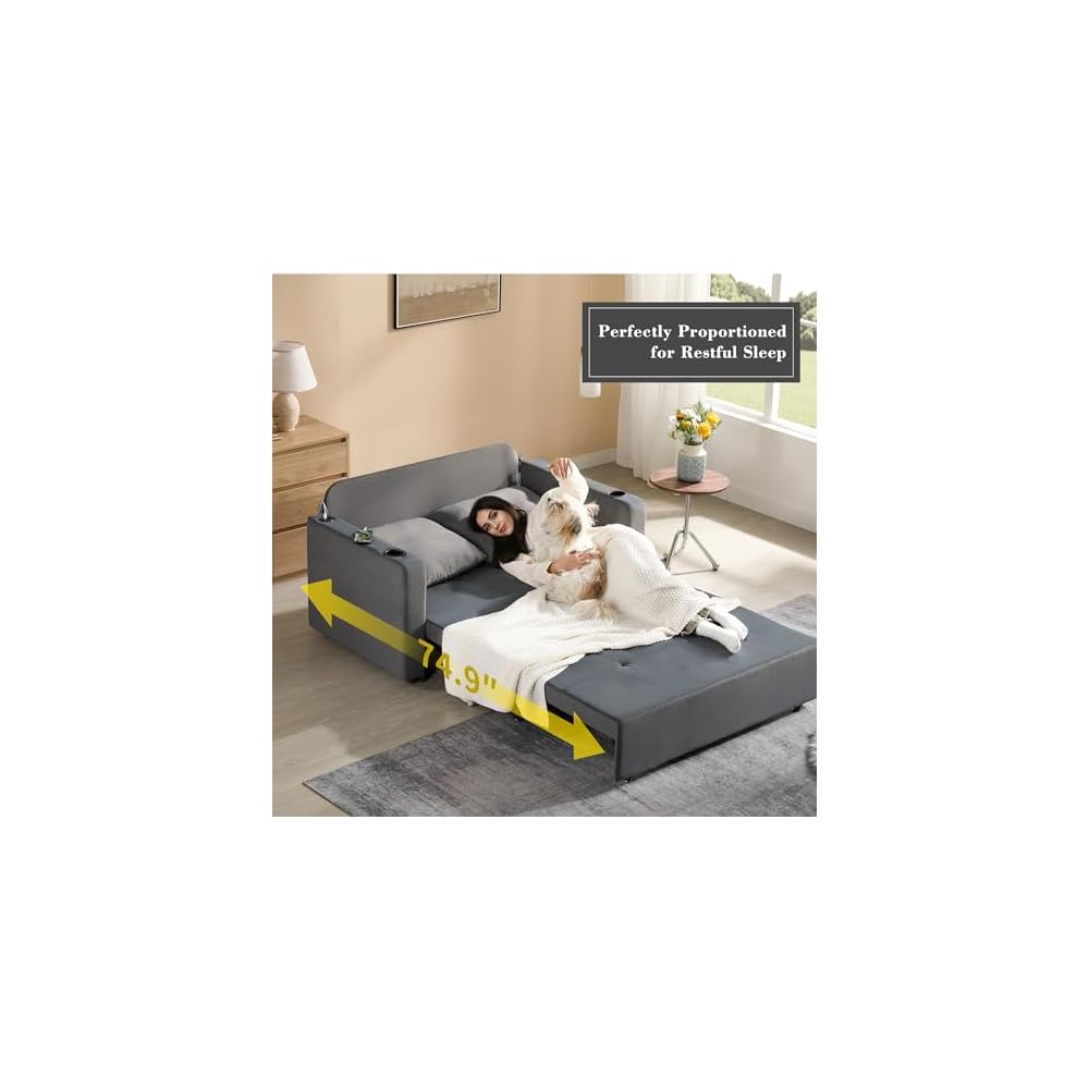 3 in 1 Pull Out Couch, 56" Velvet Sofa Bed, Convertible Sleeper Sofa