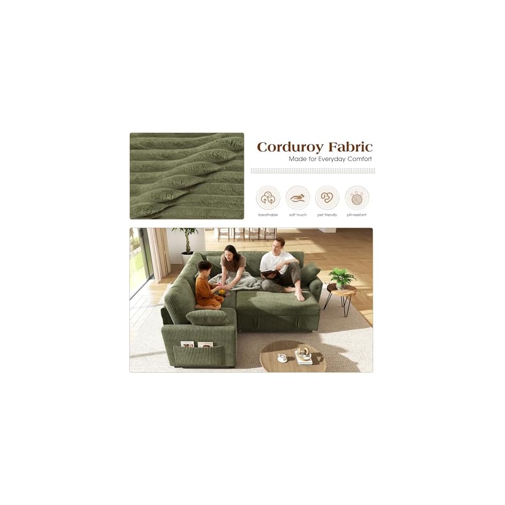83-inch 5-Seater Large Sectional Sofa Bed with Storage, Corduroy Reversible Modular Sleeper Sofa with USB Port & 4 Pillows, Convertible L-Shaped Couch for Living Room（Green）