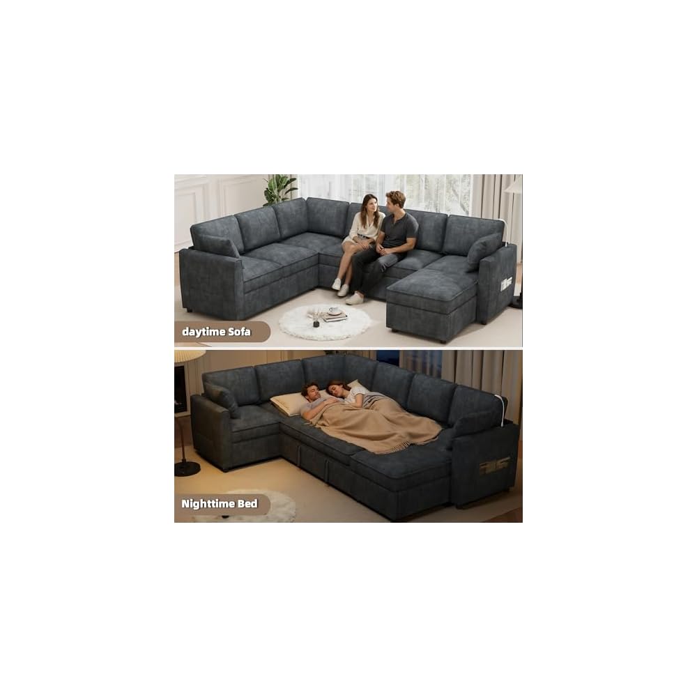 120" U-Shaped 7 Seat Sectional Sofa with Pull-Out Bed, Grey