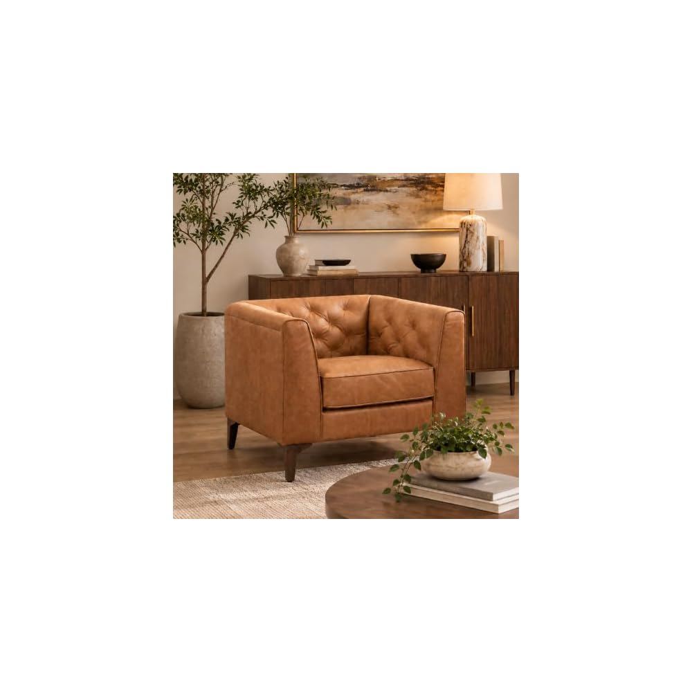 Essex 40" Lounge Chair – Full-Grain Pure-Aniline Italian Leather, Tufted Back & Arms, Feather-Down Cushioning, Walnut Wood Legs - Cognac Tan