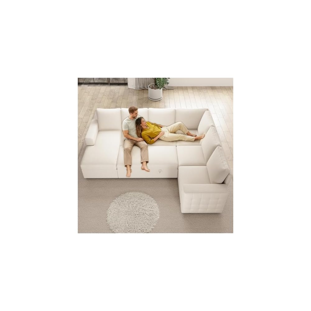 104" Sectional Sleeper Sofa Bed, U Shaped Pull Out Couch with Storage, 7 Seat Cloud Sofas with Chaise, Convertible Sofa Beds, Sleeper Sectional Couches for Living Room, Beige