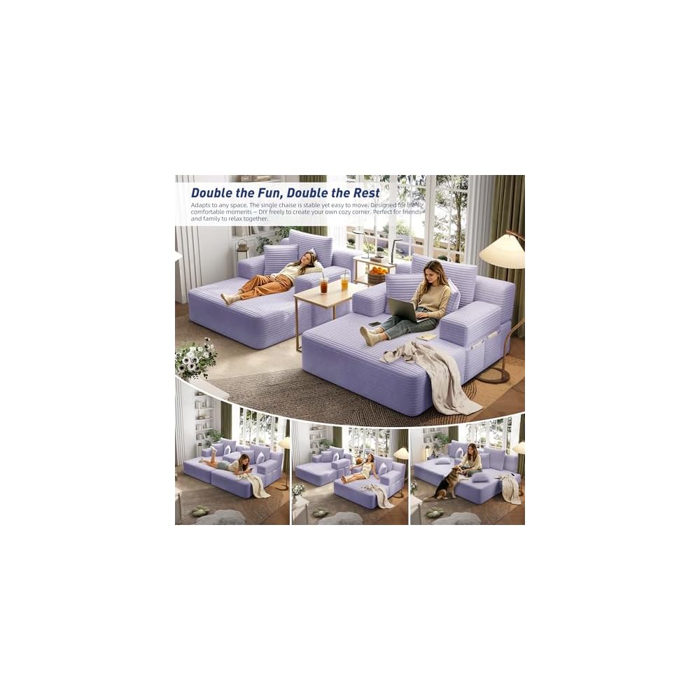 2-Piece Oversized Chaise Lounge Chair Indoor Plush Corduroy Boneless Sleeper Sofa Couch w/ 6 Pillows & Side Pockets, Adjustable Back/Armrest Comfy Reading Chair for Living Room Bedroom, Purple