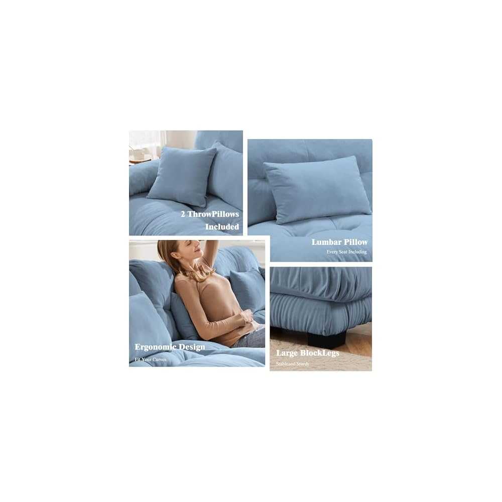 Oversized Modular Velvet Sectional Cloud Sofa Couch with Movable Ottoman,Corner Sofa with Comfortable Armrests, Deep Seat, Convertible L or U Shaped Couch (Sky-Light Blue, 2 Seat +2 Ottoman)