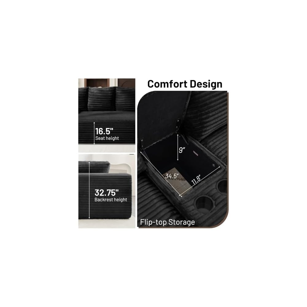 159" Boneless Couch, Corduroy Convertible Modular Floor Sofa Bed, Black