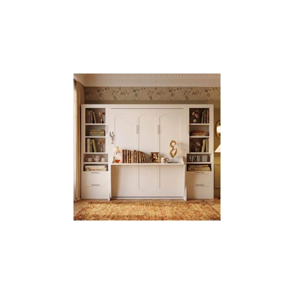 Queen Size Murphy Bed, Wall Bed with Closet, Drawers and Shelves, White