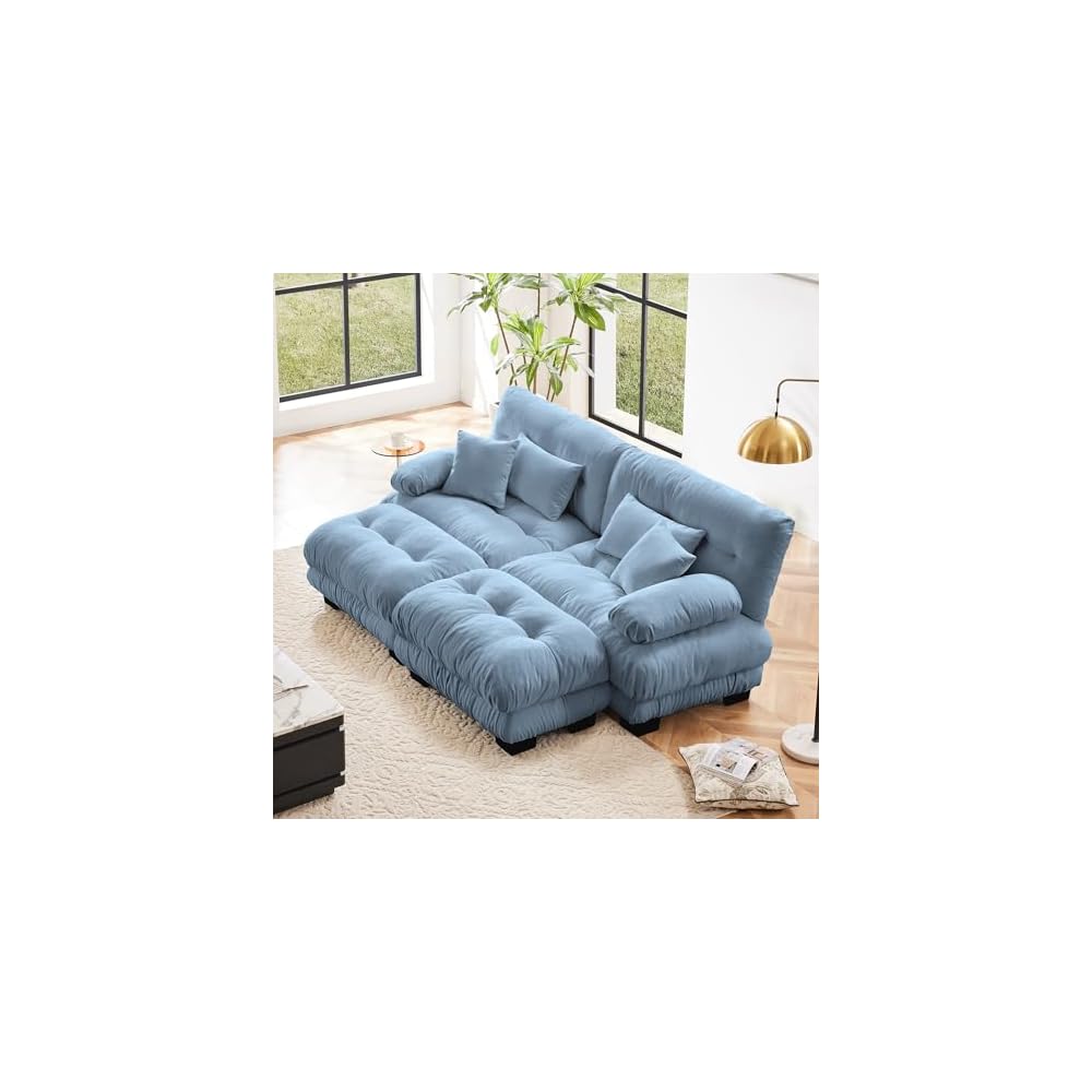 Oversized Modular Velvet Sectional Cloud Sofa Couch with Movable Ottoman,Corner Sofa with Comfortable Armrests, Deep Seat, Convertible L or U Shaped Couch (Sky-Light Blue, 2 Seat +2 Ottoman)