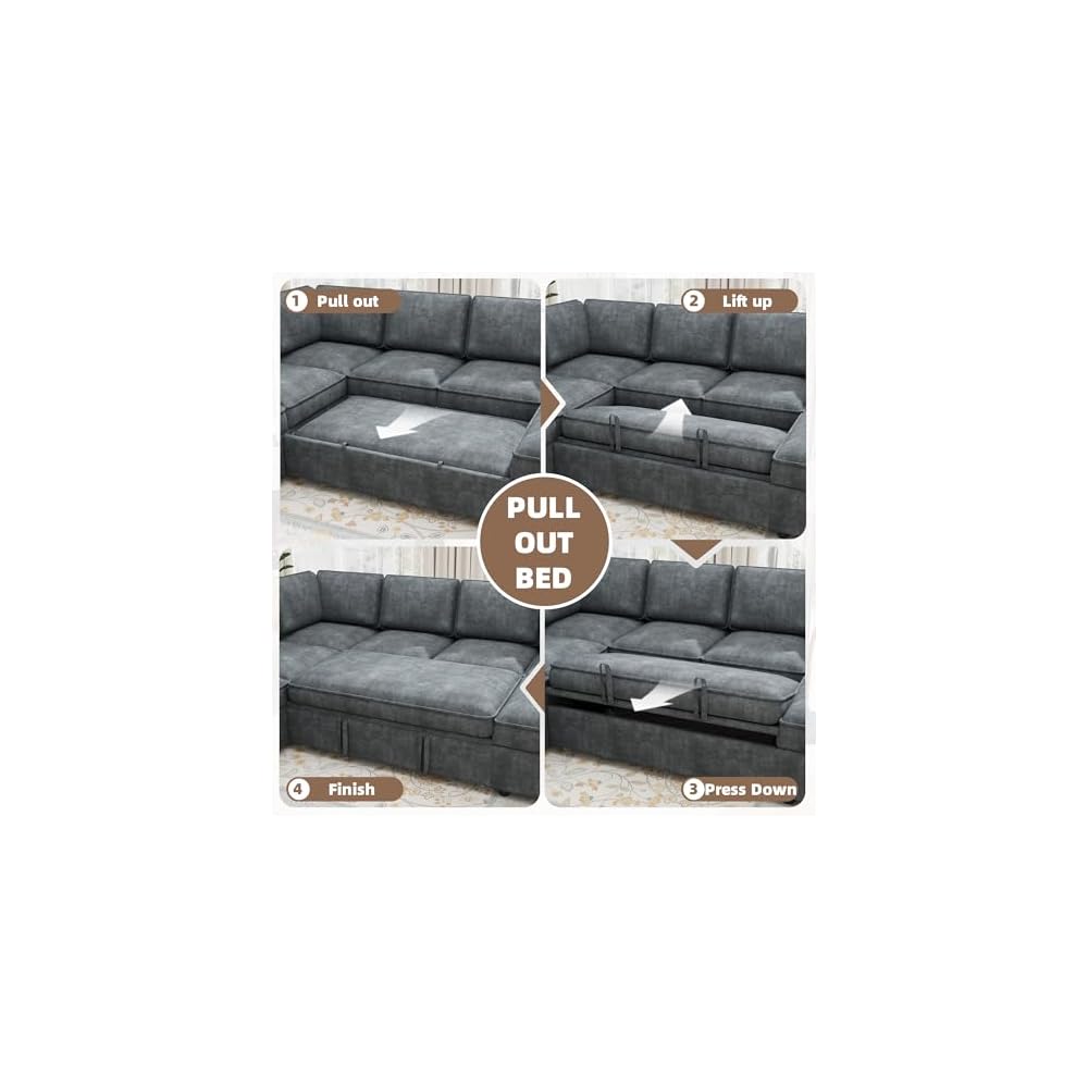 120" U-Shaped 7 Seat Sectional Sofa with Pull-Out Bed, Grey