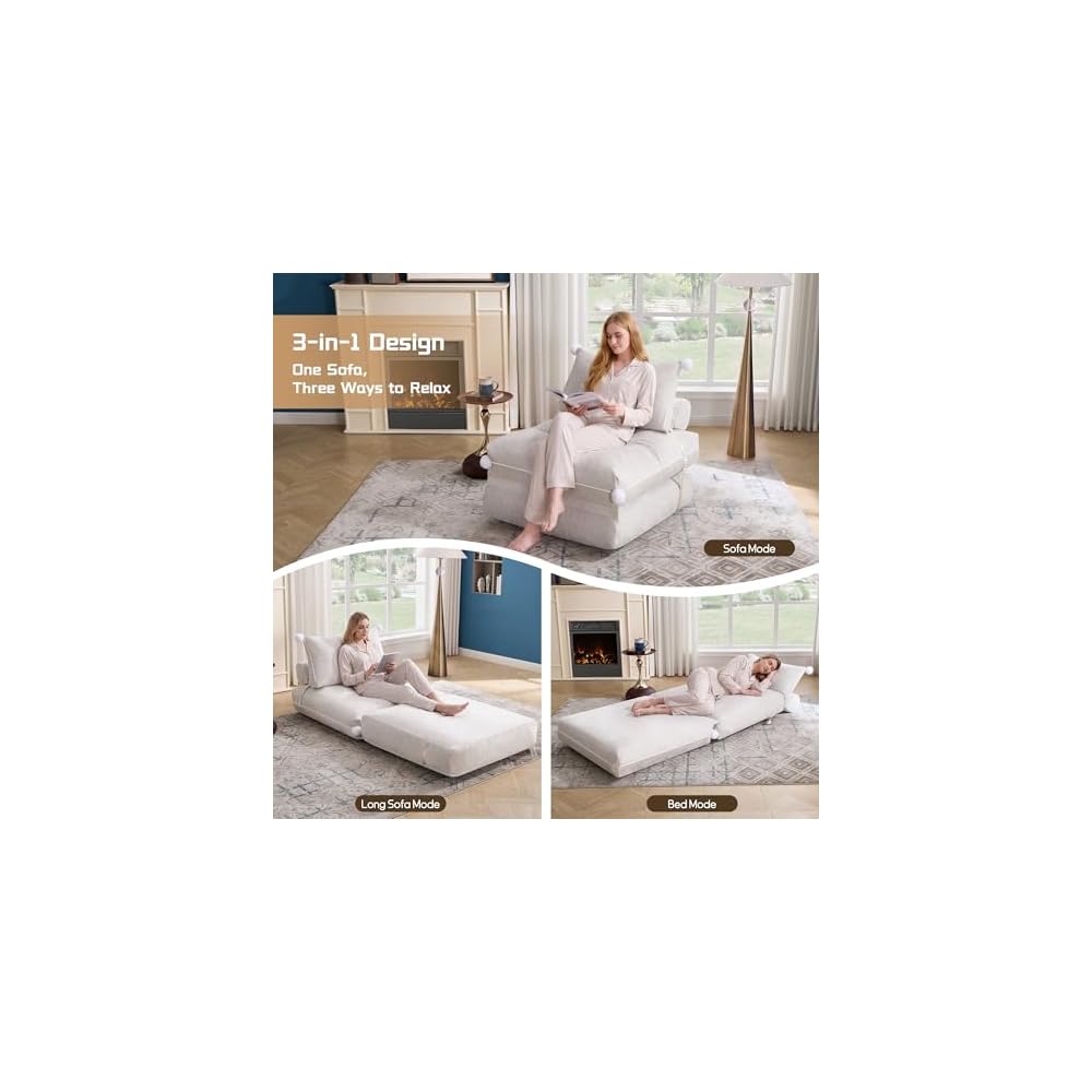 Folding Sofa Bed, Convertible Sleeper Chair with Back Support, Comfy Chenille Fold Out Couch Bed for Adults, No Wall Needed Floor Sofa Bed for Living Room Bedroom Apartment, Beige