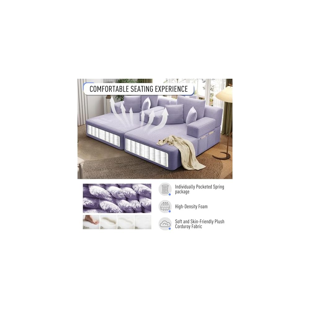 2-Piece Oversized Chaise Lounge Chair Indoor Plush Corduroy Boneless Sleeper Sofa Couch w/ 6 Pillows & Side Pockets, Adjustable Back/Armrest Comfy Reading Chair for Living Room Bedroom, Purple