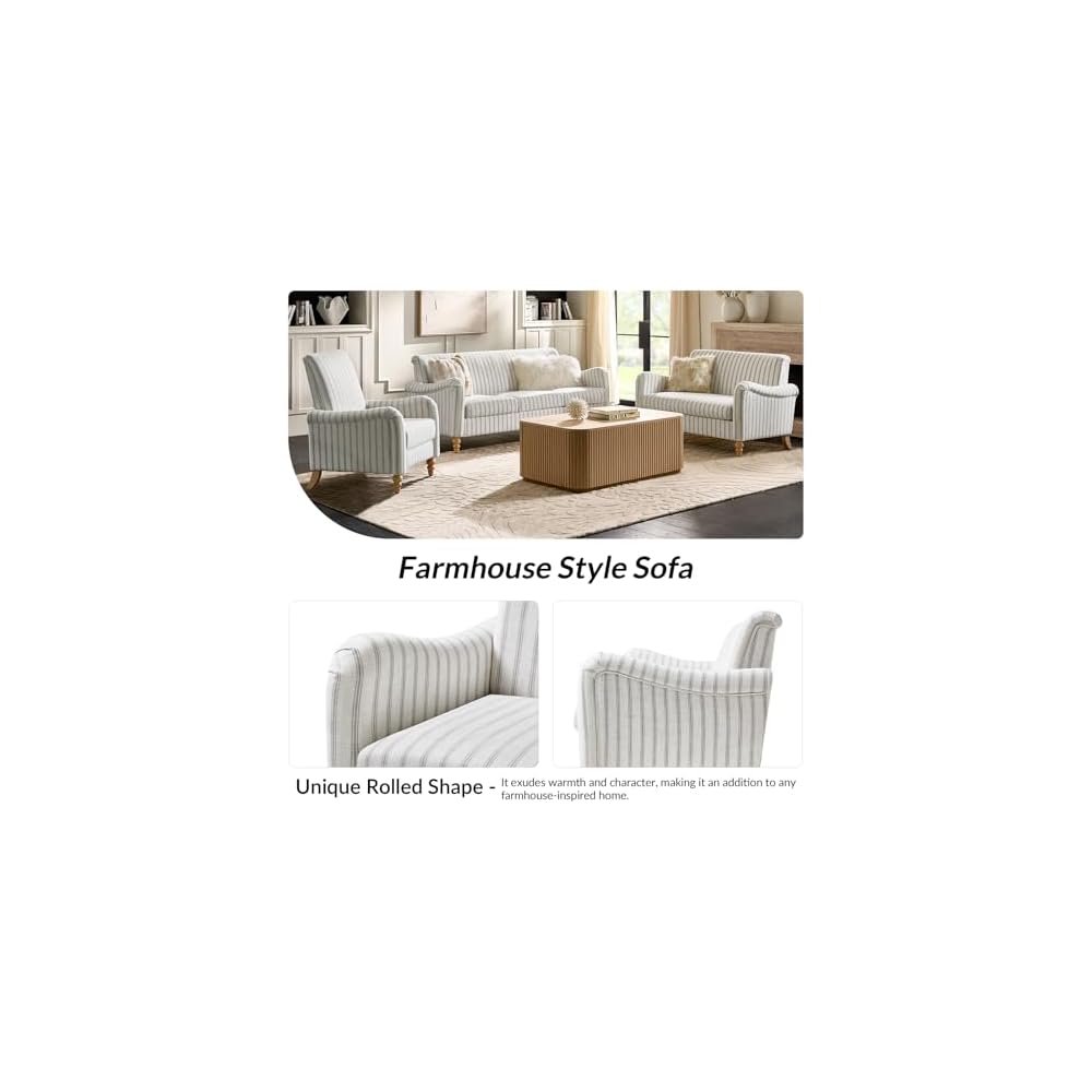 3 Piece Living Room Sofa Set, Loveseat & 3-Seater & Recliner Chair, Comfy Upholstered Farmhouse with Rolled Arms and Solid Wood Legs, Stripe Sectional Sofa Set for Living Room