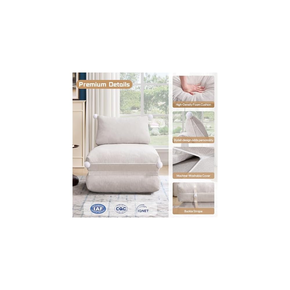 Folding Sofa Bed, Convertible Sleeper Chair with Back Support, Comfy Chenille Fold Out Couch Bed for Adults, No Wall Needed Floor Sofa Bed for Living Room Bedroom Apartment, Beige