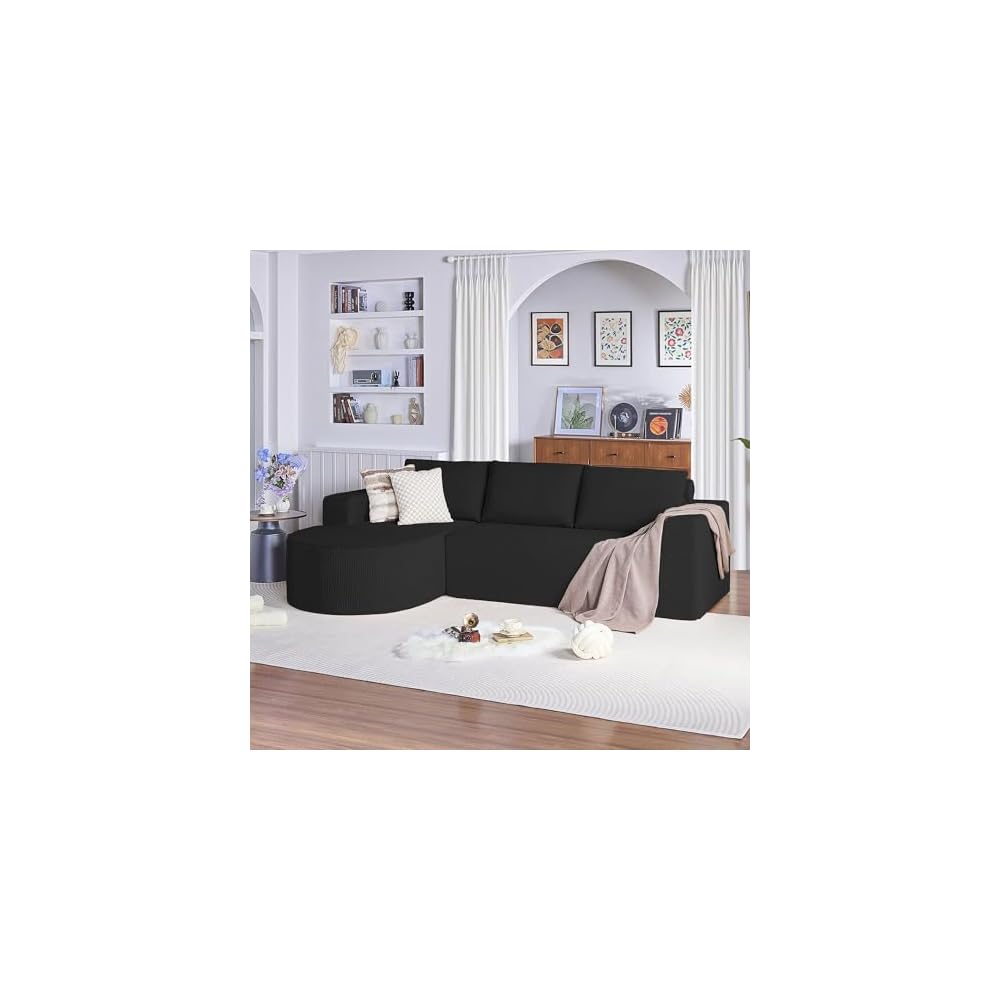 104.92" L-Shaped Sectional Sofa with Chaise, Boneless Comfy Corduroy Fluffy Couch with Deep Seat,Headrests, Compression Sofa for Living Room, No Assembly