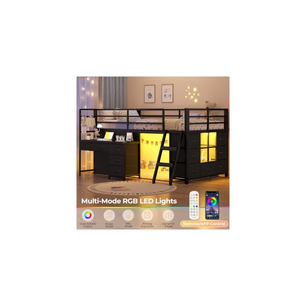 Low Loft Bed Twin Size with Desk, 12 Storage Drawers, Window, Black