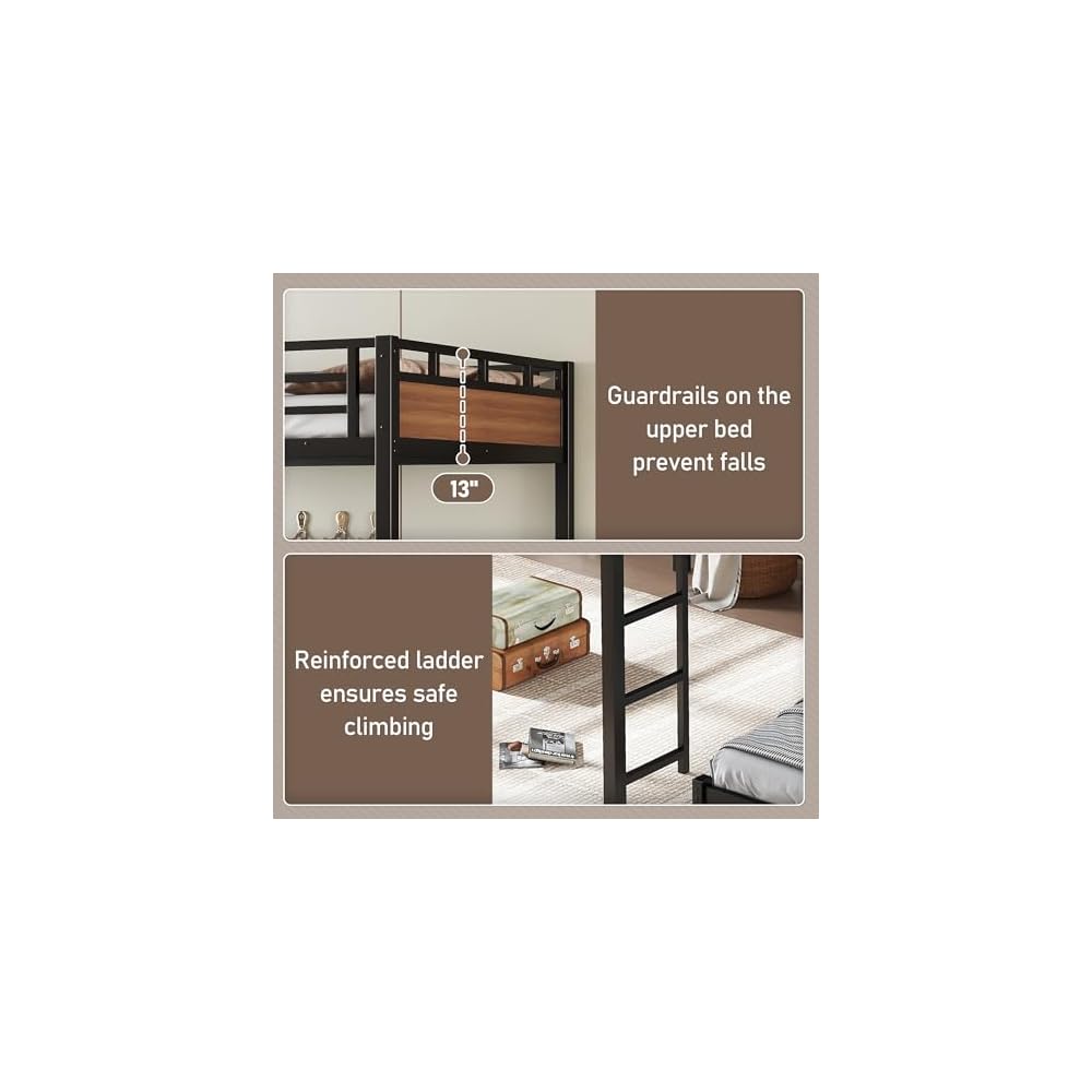 Full XL Over Full XL Bunk Bed, Separable Bunk Beds for Kids, Converts to Loft Bed & Platform Bed, Heavy Duty Metal Bunkbed with Guardrails, No Box Spring Needed, Walnut