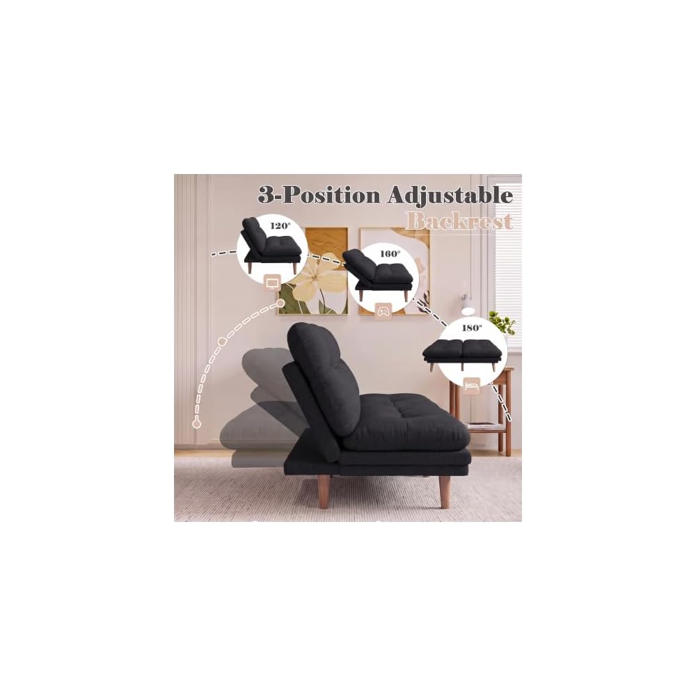 67'' Convertible Futon Sofa Bed, Modern Linen Loveseat, Black