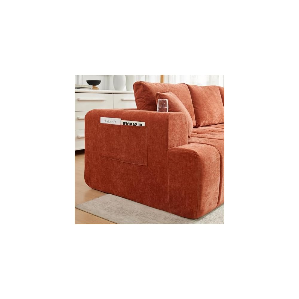 108" L-Shaped Chenille Sectional Sofa, Cloud Style Boneless Sofa, Modern Upholstered Couch with Cup Holders & Side Pockets, Compression Sofa for Living Room, No Assembly Required, Right Chaise, Orange