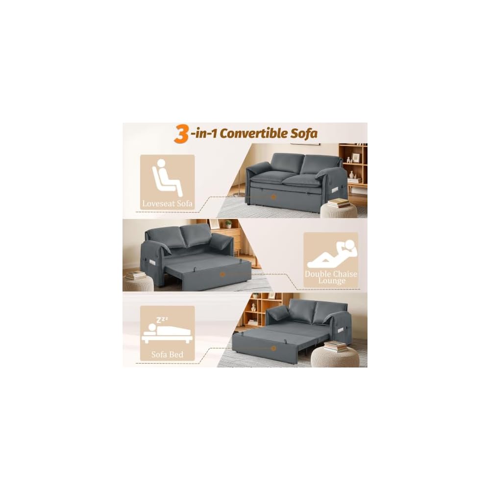 63" 3-in-1 Grey Velvet Convertible Sleeper Sofa Bed, Adjustable Backrest Pull Out Loveseat with USB & Side Pocket for Small Spaces